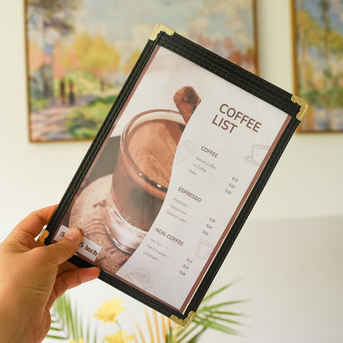 25 Pack 5.5 8.5 inch 2-View Menu Covers x - Black Vinyl Menu Holders | Waterproof Clear Sleeves Top-Loading