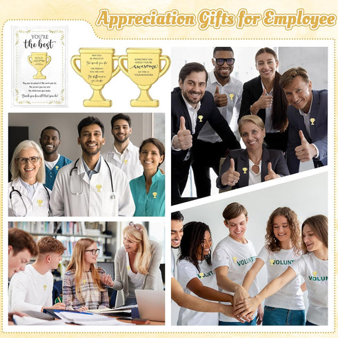 Juinte 60 Sets (10 Employee Appreciation Gifts Bulk Trophy Pins with Thank You Cards Organza Bags Inspirational