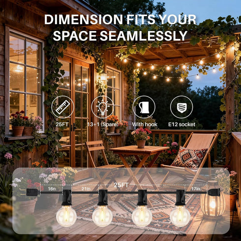 wtiyvxr 25 G40 Lights,13 Bulbs(1 IP65 Dimmable Bulbs E12 2200K FT Outdoor String Lights Globe Shatterproof Patio