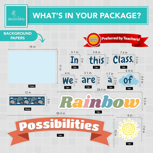 Decorably 55 Pcs Boho Rainbow Classroom Theme Set with Borders - Boho Bulletin Board Decorations for Classroom