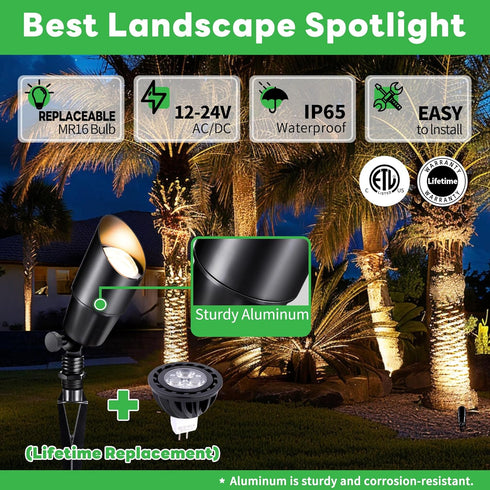 12V 5W MR16 Bulb 2700K Low Voltage Spotlight, Black LED Landscape Lighting, Outdoor Waterproof Aluminum Uplight