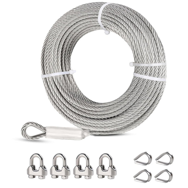 1/4 Stainless Steel Cable, 25ft Wire Rope with Wire Rope Clamps and
