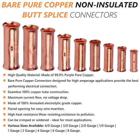 00 Gauge Butt Splice Connectors, 10 PCS 2/0 AWG Non-Insulated Butt Connectors with 10 PCS 3:1 Heat Shrink Tube
