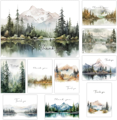 Thank You Cards Set of 20, 4x6 Inches Watercolor Nature Forest Cards with Envelopes for All Occasions