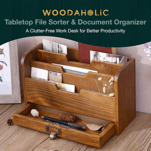 Mahogany Wood Wood Desktop File Organizer - Vertical Folder Sorter with 3 Document Compartments & 1 Paper Tray Drawer