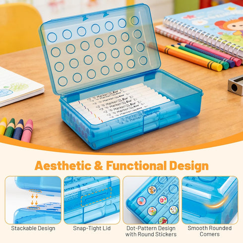Kcjdd Personalized Pencil Box,Clear Hard Pencil Case with Stickers for Back to School,Plastic Marker Crayon Box