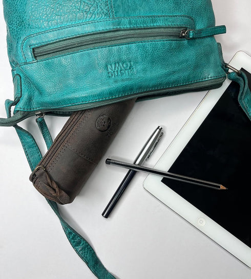 Full Grain Leather Zippered Pencil Case - Rustic Town Pen Holder for Office Use