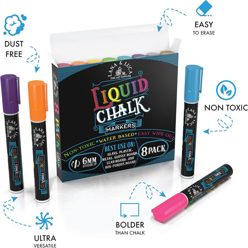 LANA & LUCA 6mm (8 Pack) Liquid Chalk Markers for Blackboards - Bold Color Dry Erase Marker Pens - Chalkboards Signs