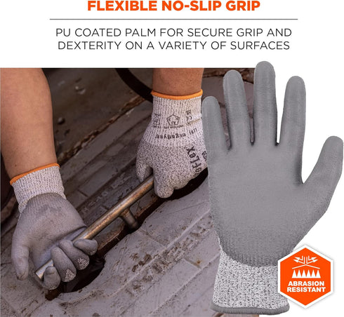 Ergodyne ProFlex 7030 Cut Resistant Work Gloves, ANSI A3, Gray, PU Coated Palms for Flexible No Slip Grip, 2X-Large