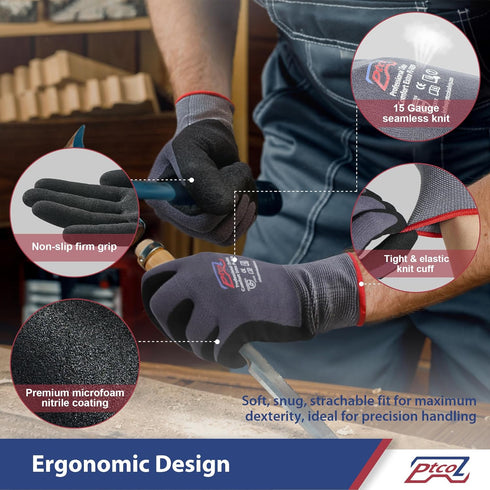 Safety Work Gloves Micro-Foam Nitrile Coated-6 Paris, Seamless Knit Touchscreen Nylon Gloves, with Black Nitrile Grip, for Warehouse, Home Improvement, Automotive, Construction (Medium)