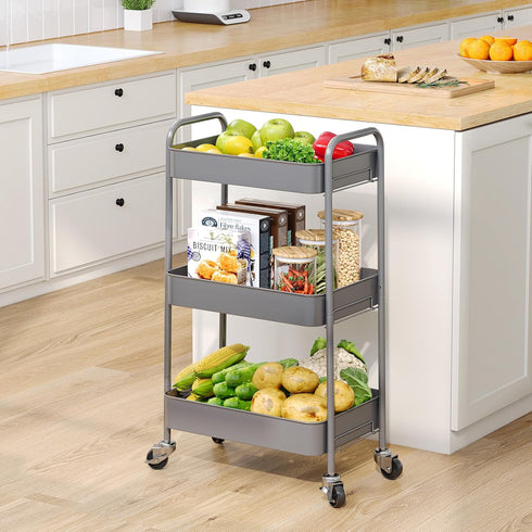 TOOLF 3-Tier Rolling Cart, Metal Utility Cart with Lockable Wheels, Easy Assembly for Office, Kitchen, and More