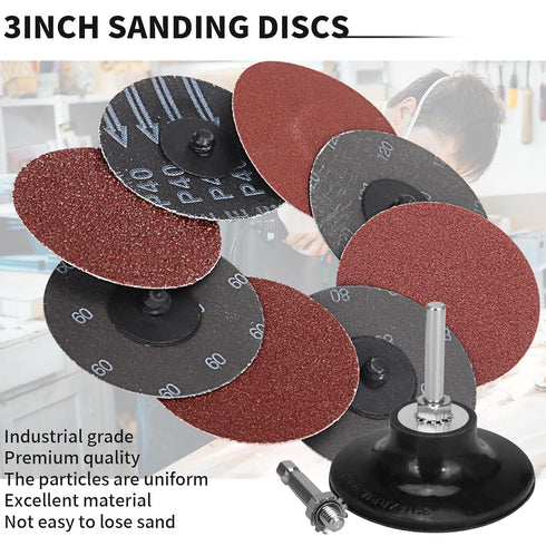 40Pcs 3 Inch 40/60/80/120 1/4'' SI FANG Roll Lock Sanding Disc Grit Quick Change Discs, Pad Holder Accessories, Surface