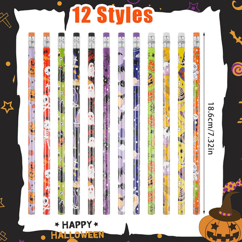 CCINEE 48 Pack Halloween Pencils for Kids, Assorted Design Bulk Pencils with Erasers for Halloween Party Supplies