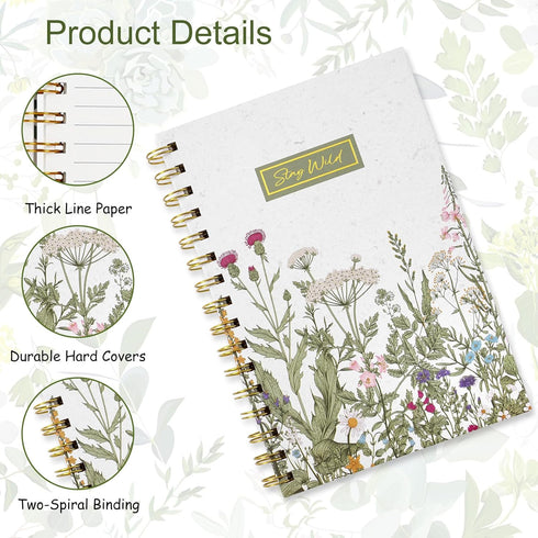 Vintage Wildflower Spiral Journal Notebook, 80 Sheets A5 Retro Floral College Ruled with Twin-Wire Binding