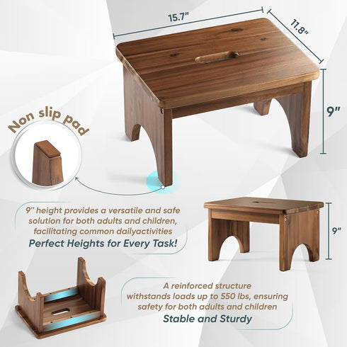Wooden Step Stool, 9in Heavy Duty Portable Nonslip Step Stool with 550 Load Capacity for Home