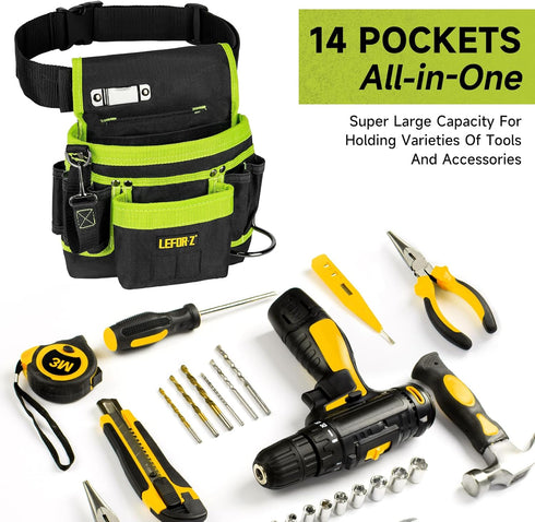 Tool Belt with Magnetic Tool Pouch, 14-Pockets Adjustable & Detachable Tool Pouch for Electrician, Carpenter,