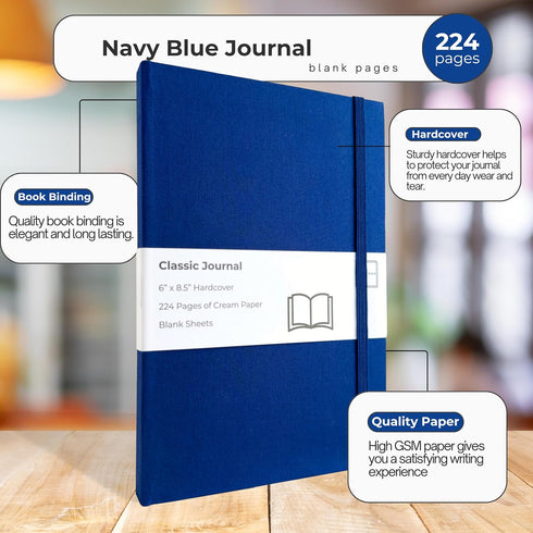 Portage Blank Hardcover Aesthetic Notebook Writing Journal – Bleed-Proof Paper Notepad for Journaling, High GSM, A5 Notebook, Cream Pages - Navy Blue, 6 x 8.5 Inches, 224 Pages by Portage