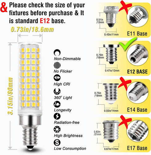 ALIDE E12 100w Bulbs C7,5000K White,1200lm T6 10W E12 Bulbs Lamp,Non-dimmable,0.73x 3.15inch,5 Pack LED Candelabra