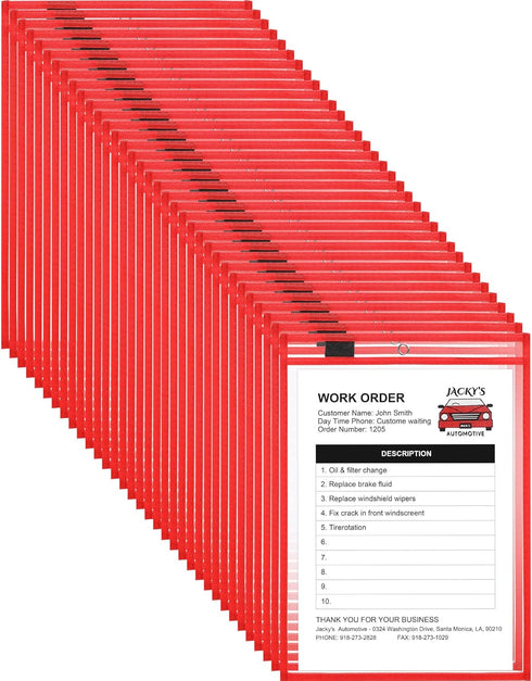 Nezyo 50 Pieces Dry Erase Pockets, Reusable Plastic Sleeves, Clear Sleeves for Classroom, Job Ticket Shop Holder (Red)