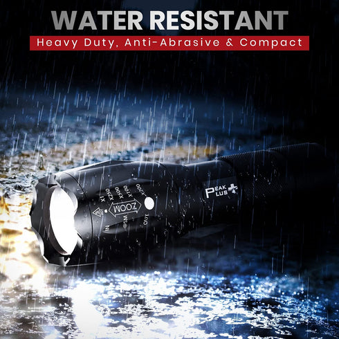 PeakPlus LFX1000 Rechargeable Tactical Flashlight - High Lumens LED, 5 Modes, Zoomable, Water Resistant - Camping,