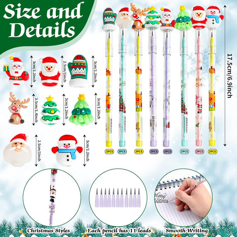KIMOBER 24PCS Christmas Pencils,Xmas Multi Point Stackable Push Pencil with Santa Christmas Tree Snowman Elk for Kids Christmas Goodie Bag Fillers by KIMOBER