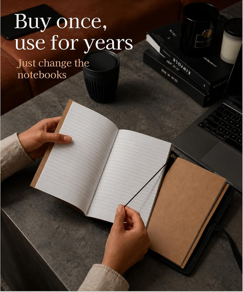 VALTENTIS A5 5.8" 8.3", 3 Leather Notebook Cover - Refillable Full-Grain Leather Journal Cover for Multiple Inserts x