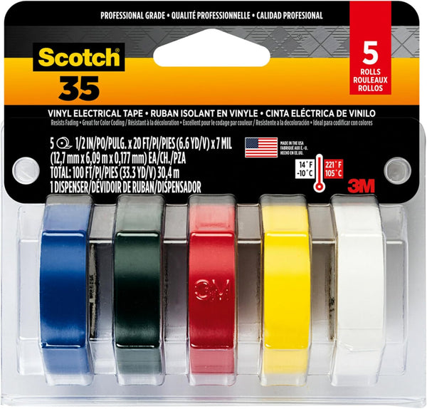 Scotch Vinyl 35 Electrical Tape, 5 Rolls, Multi-Color Pack for Cable Jacket Repair & Electrical Insulation