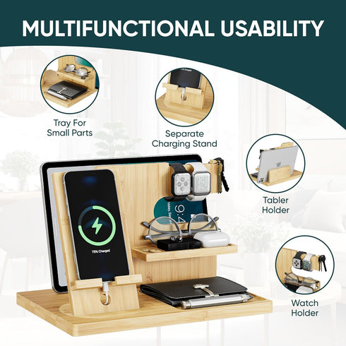 Valentine's Day Gifts for Men Wood Phone Docking Station with Separate Phone Stand, Bedside Desk Organiser and Key