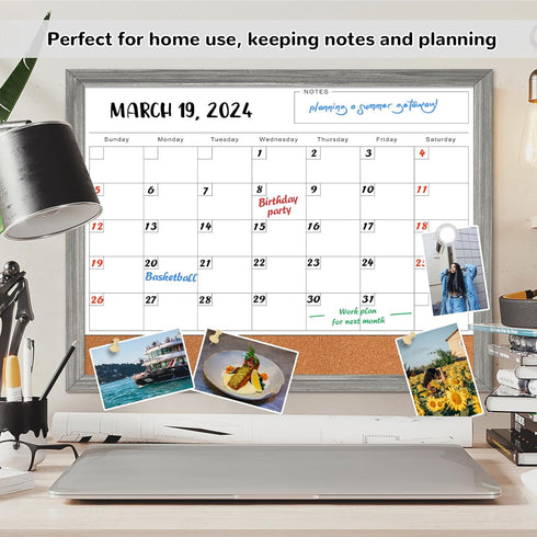 Monthly Whiteboard Calendar & Corkboard for Wall, Magnetic 17"x13" Dry Erase Board with Gray Wood Framed, 2in1 White Board Cork Board Combo, Calendar Bulletin Board for Kitchen Planner Memo Office by ABERLLS