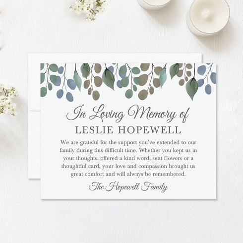 5.5x4.25 In Loving Memory Funeral Thank You Cards with Leaves, Flat Personalized Sympathy Bereavement Notes