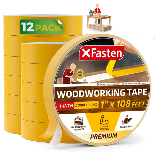 XFasten 1 inch x 36 Yards Double Sided Woodworking Tape, 12-Pack, Heavy Duty for Router Templates