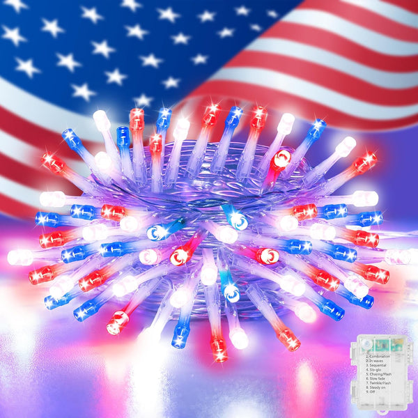 RECESKY Red White Blue 4th of July Decoration Light - 30 LED 11.5Ft