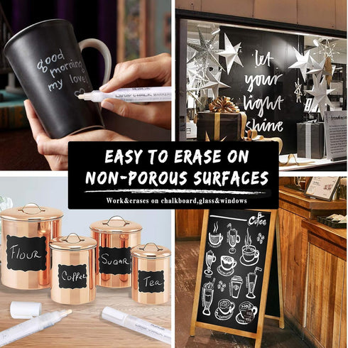 Liquid Chalk Markers for Chalkboards, 6 White Dry Erase Marker Pens for Signs, Windows, and Glass
