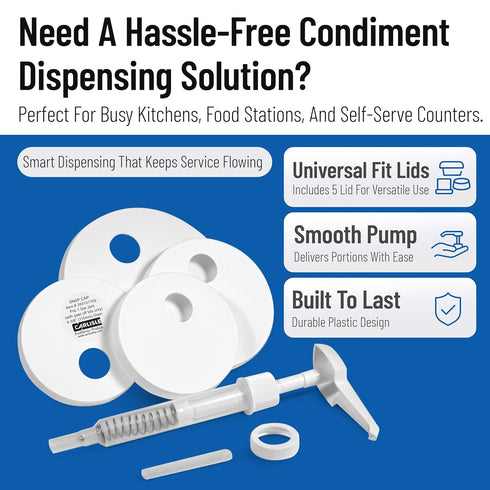Carlisle FoodService Products Universal Condiment Pump/Dispenser Kit with 5 Lids, White
