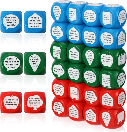 CHENGU 24pcs Reading Comprehension Cubes 3 Colored Language Reading Manipulatives Learning Cube Question