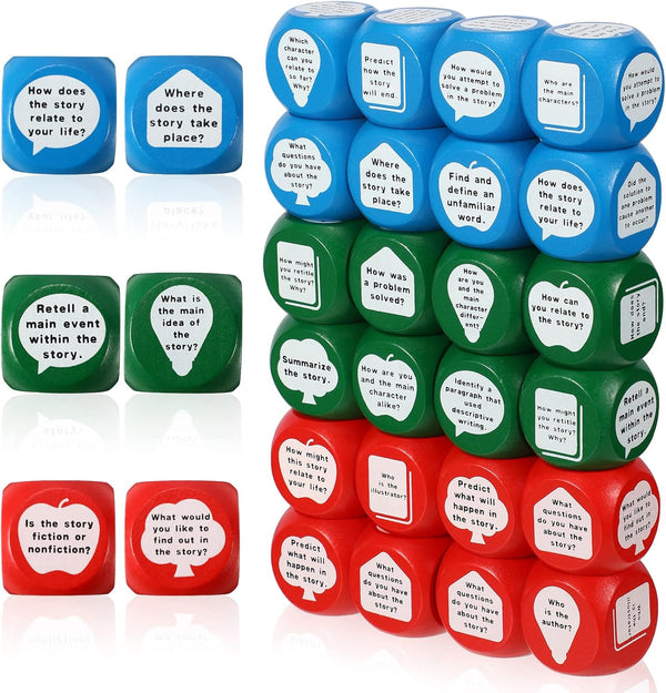CHENGU 24pcs Reading Comprehension Cubes 3 Colored Language Reading Manipulatives Learning Cube Question