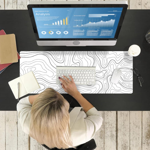 Ovenbird Large Gaming Mouse Pad: Minimalist Topographic Map Desk Mat, Extended XL Anti-Slip Base, 35.4 x 15.7 in, White