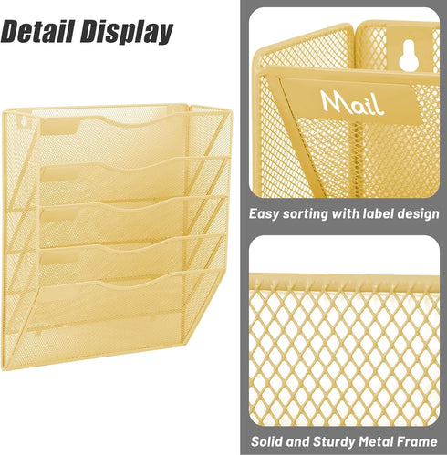 EASEPRES 5 Pocket Mesh Hanging Wall File Organizer, Wall Mounted Document Holder for Office Home