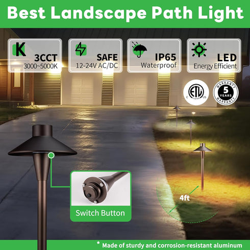 Landscape Path Lights, 3000K/4000K/5000K Selectable Pathway Lights, 12V Low Voltage Wired, LED Outdoor Waterproof, 5W 150LM ORB Aluminum for Yard Walkway Driveway Garden by Varmtalys