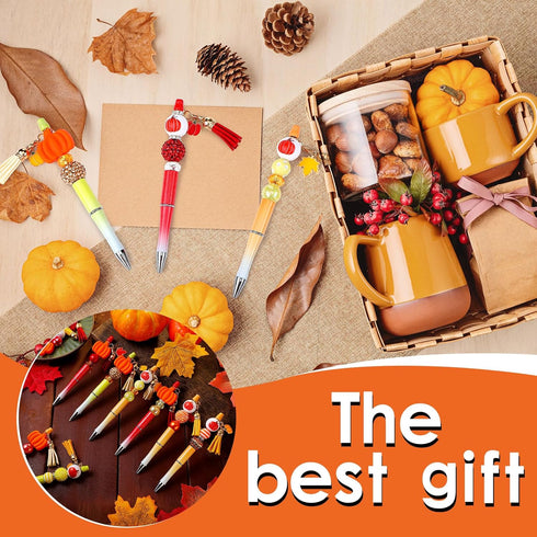 Jutom 12 Pcs Fall Beadable Pens with 50 Pcs Colorful Pumpkin Beads, 12 Tassels, 12 Pendants for Thanksgiving DIY Gift