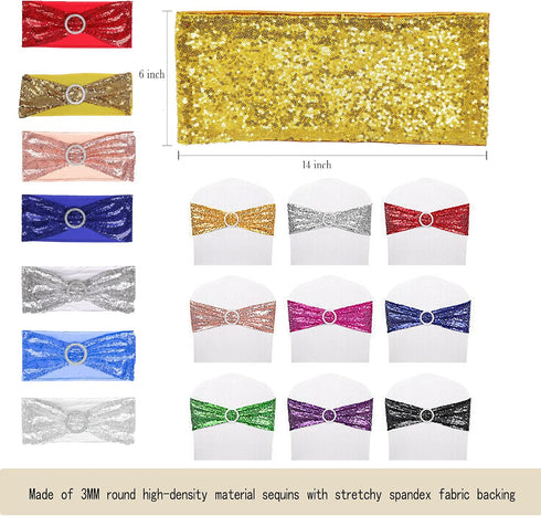 25 Dimatic PCS Stretch Sequin Chair Sashes Chair Stretchy Spandex Bands for Wedding Reception Events Banquets Chairs