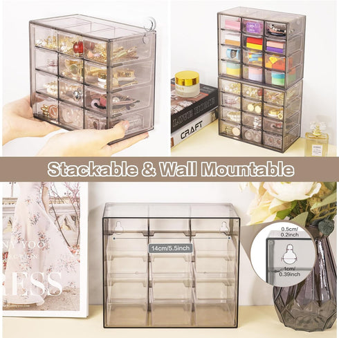 Desk Storage Organizer with 12 Mini Drawers - Clear Desktop Craft Drawer Cabinet for Makeup and Office Supplies