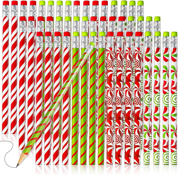 Whaline 100Pcs Christmas Candy Cane Writing Pencils with Erasers, Red Green Wood Xmas Winter Stationery Gift, 4 Styles