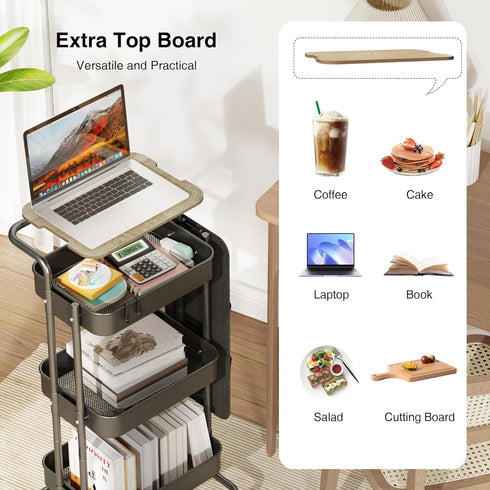 DTK 3 Tier Metal Utility Rolling Cart with Table Top, Side Bags, Tray Storage Organizer on Wheels for Kitchen, Office