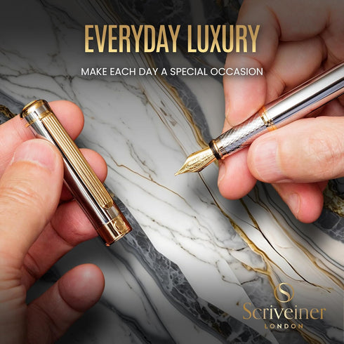 Scriveiner Silver Chrome Fountain Pen - Stunning Luxury Pen with Real Gold Finish, Schmidt Gilded Nib (Fine), Best Gift
