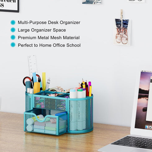 EasyPAG Mesh Desk Organizer, Multi-functional Stationery Holder for School Supplies, 9 Compartments, Blue