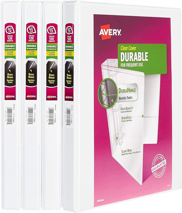 Avery Durable View 3 Ring Binder, 1/2 Inch Slant Rings, 4 White Binders (03362)