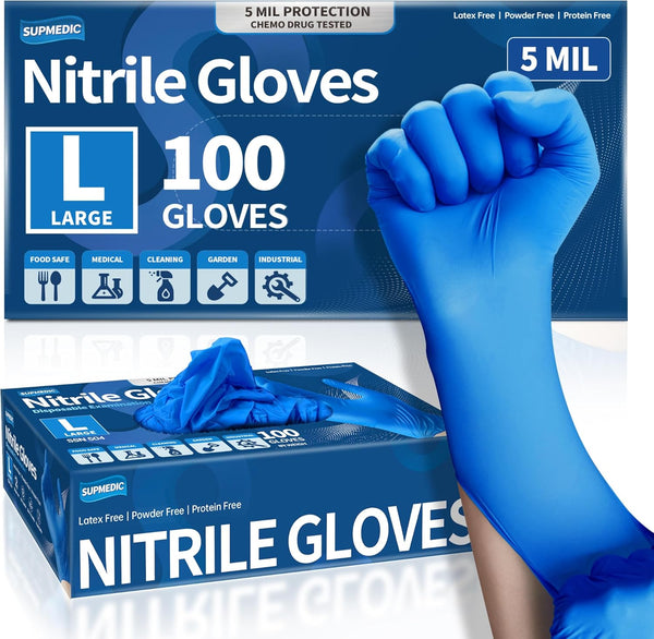 Medical Nitrile Exam Gloves, 5 mil Chemo-Rated Powder-Free Food Safe Cleaning Disposable Gloves, Blue, 100/1000Pcs