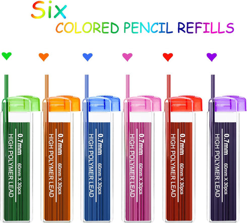 HESTYA 360 Pcs 0.7 mm HB Black Mechanical Pencil Lead Refills, 7 Assorted Colors with Dispensers
