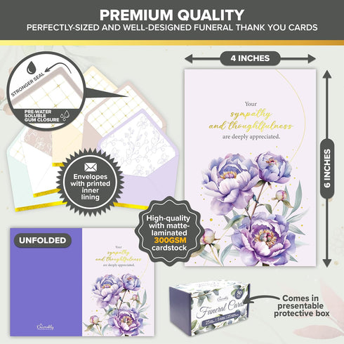 50 Pack 4x6in 25 Decorably Gold Foiled Thank You Cards for Funeral with Envelopes and Stickers, Floral & Butterfly